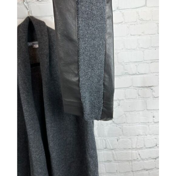 VINCE dark gray wool yak knit lamb leather sleeve open front cardigan sweater S - Picture 5 of 12